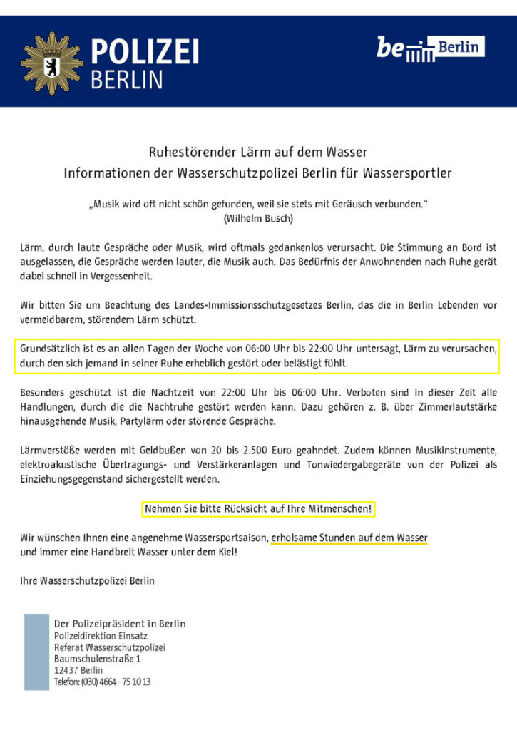 Lärm auf dem Wasser vermeiden Info-Flyer der WSP Berlin 2019