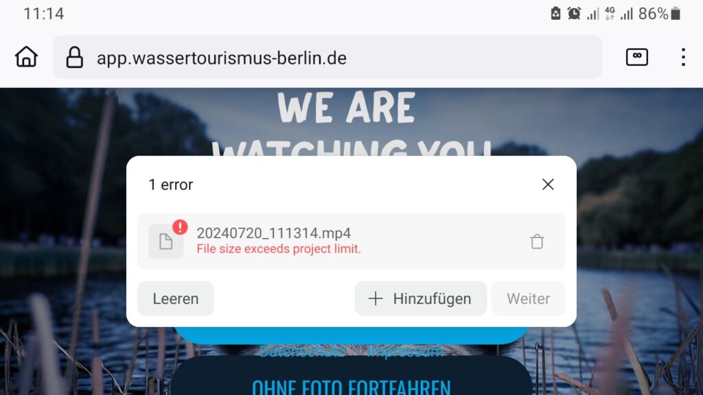 Screenshot der „App“ beim gescheiterten Video-Upload (app.wassertourismus-berlin.de)
